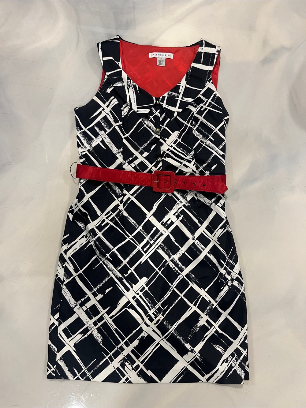 Aa Studio Black & White Graphic Sheath Dress with Red Belt